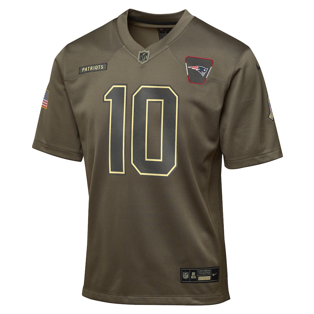New England Patriots Drake Maye Olive 2025 Salute to Service Game Jersey NFL